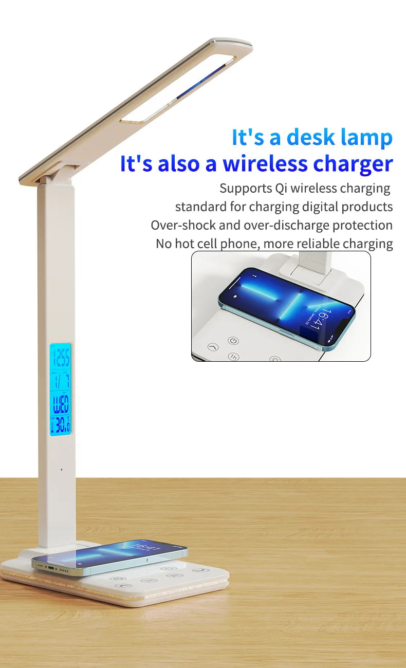 Lámpara de escritorio de lectura plegable, luz de escritorio enchufable USB, 15W, carga inalámbrica para teléfono móvil con tiempo, dormitorio, oficina, protección ocular
