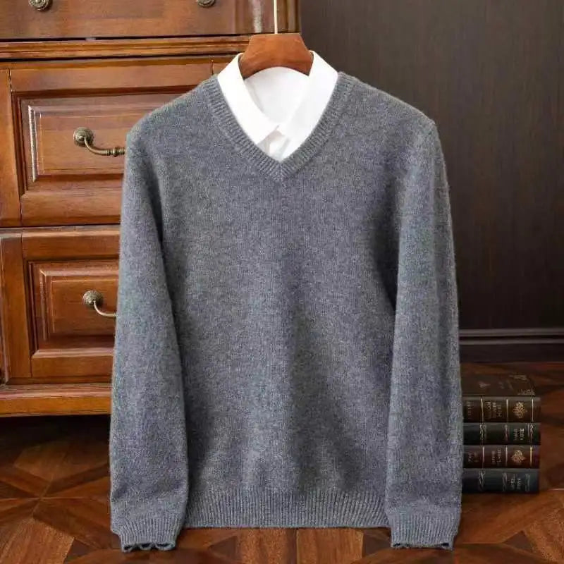 2025 suéter 100% de lana merina de Cachemira con cuello en V para hombre, jersey inteligente informal básico de manga larga, prendas de punto, Tops para Otoño e Invierno