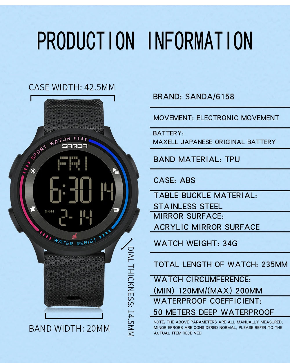 Reloj Digital SANDA 6158 para Niños y Adolescentes, Deportivo Impermeable