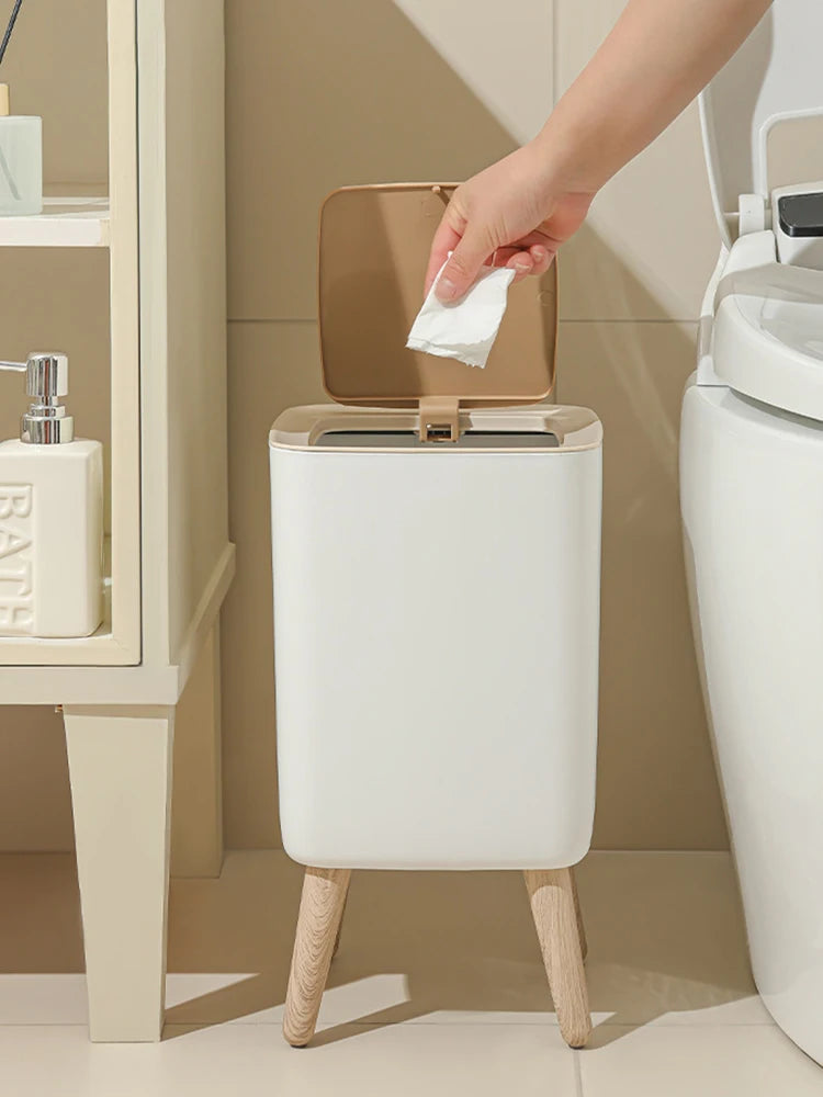 Cubo de basura tipo presión con imitación de madera para dormitorio, baño y sala