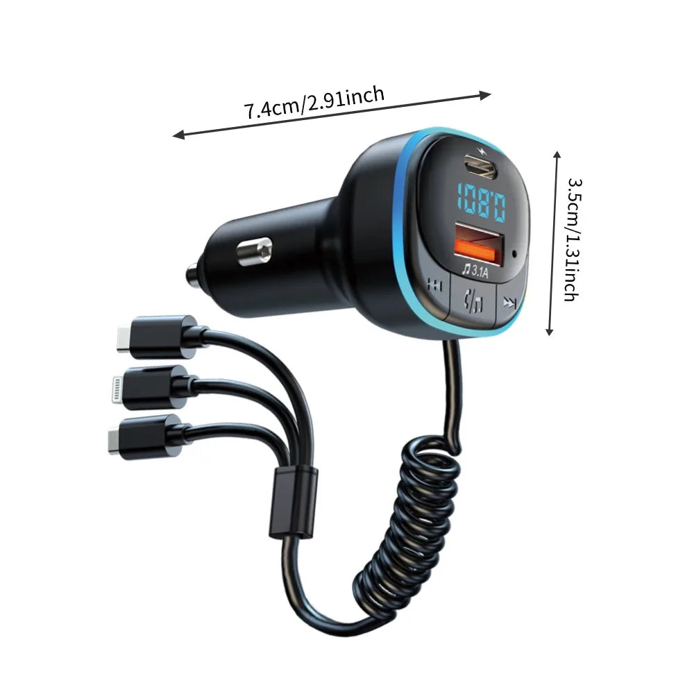 Transmisor FM Bluetooth para Auto con Cargador Dual y Cable 3 en 1