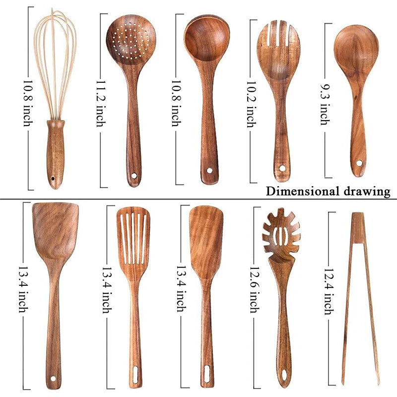 LMETJMA Paquete de 10 utensilios de cocina de madera de teca Natural, juego de utensilios de cocina con espátula y cucharas de madera para cocinar y hornear JT503