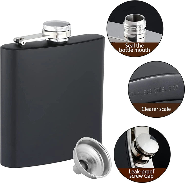 LMETJMA Matraz de cadera negro mate para licor, acero inoxidable, a prueba de fugas con embudo, juego de matraz para beber whisky KC0454