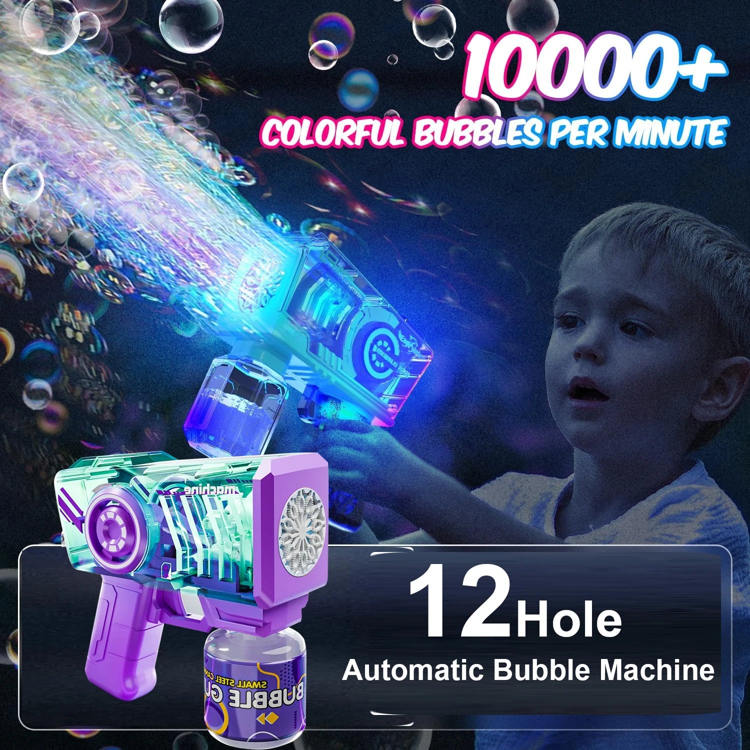 Pistola de Burbujas Eléctrica 12 Orificios con Luz LED