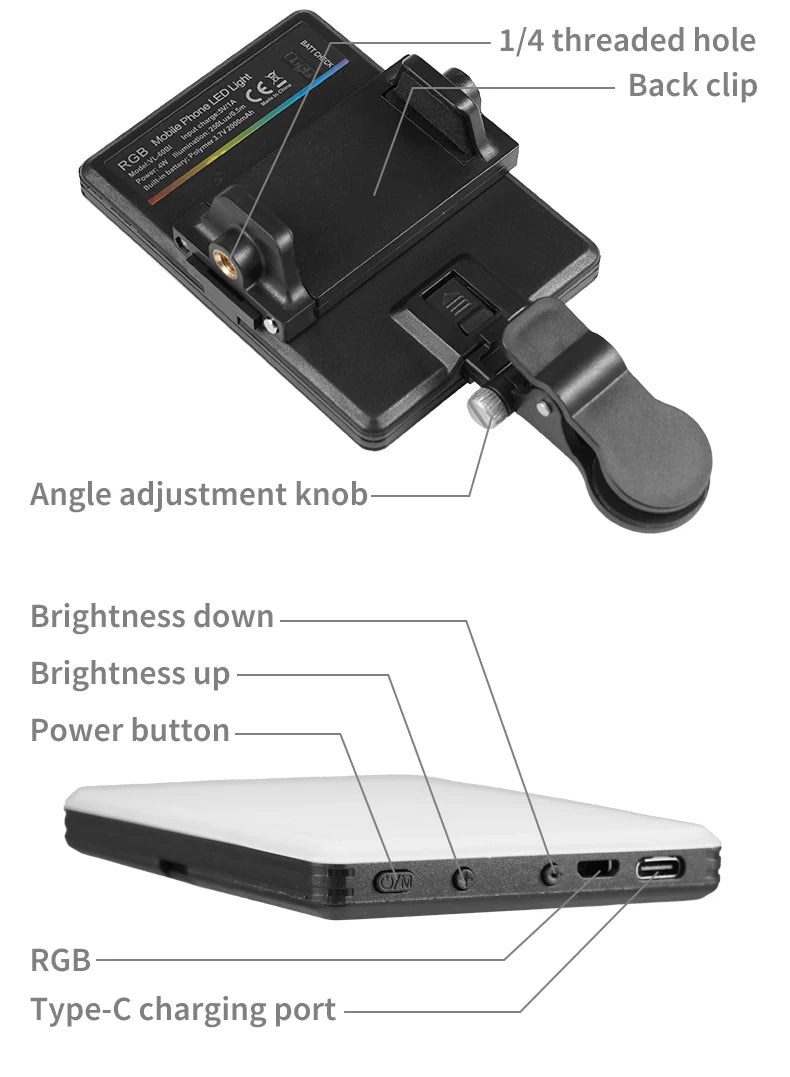 Mini luz de relleno RGB LED de bolsillo recto, iluminación para fotografía y vídeo, Clip Vlog en vivo para teléfono, iPhone, iPad, cámara portátil