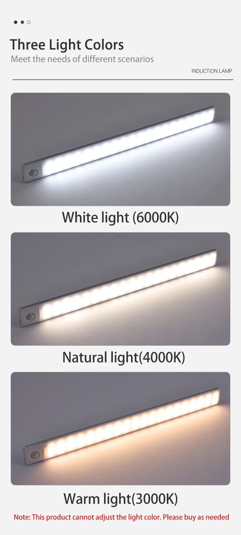 Luz Led con Sensor de movimiento recargable por USB para armario de cocina, iluminación de armario, luz nocturna LED de 10cm/20cm/40cm/60cm