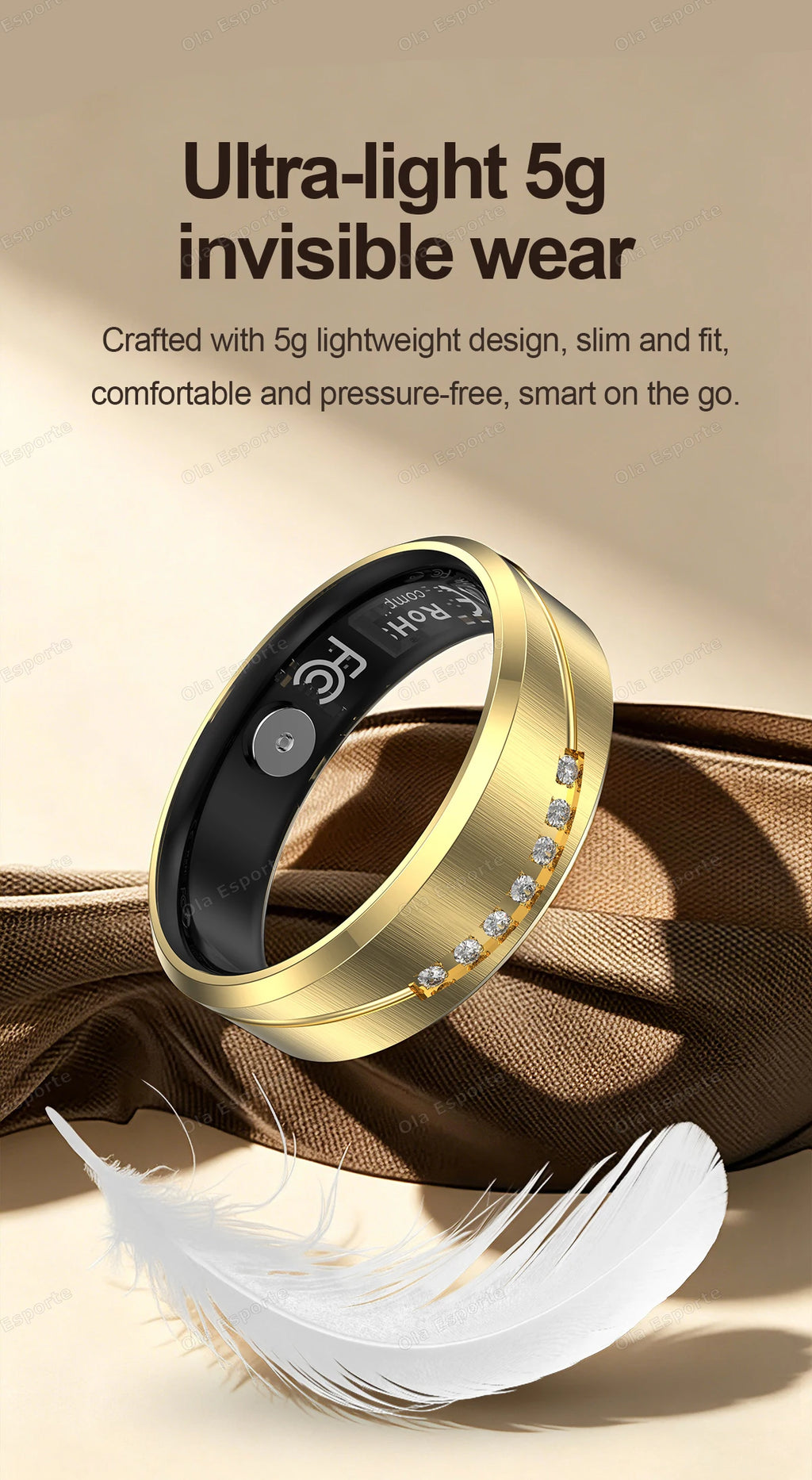 Anillo Inteligente de Joyería de Moda con Recordatorio de Llamadas, Alarma por Vibración, Monitor de Frecuencia Cardíaca y Oxígeno en Sangre, Resistente al Agua IP68, Regalo para Hombre