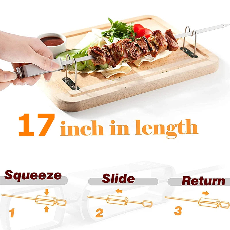 LMETJMA-brochetas Kabob de 17 pulgadas para asar, brochetas planas de acero inoxidable para barbacoa con mango deslizante de Metal de liberación rápida JT45