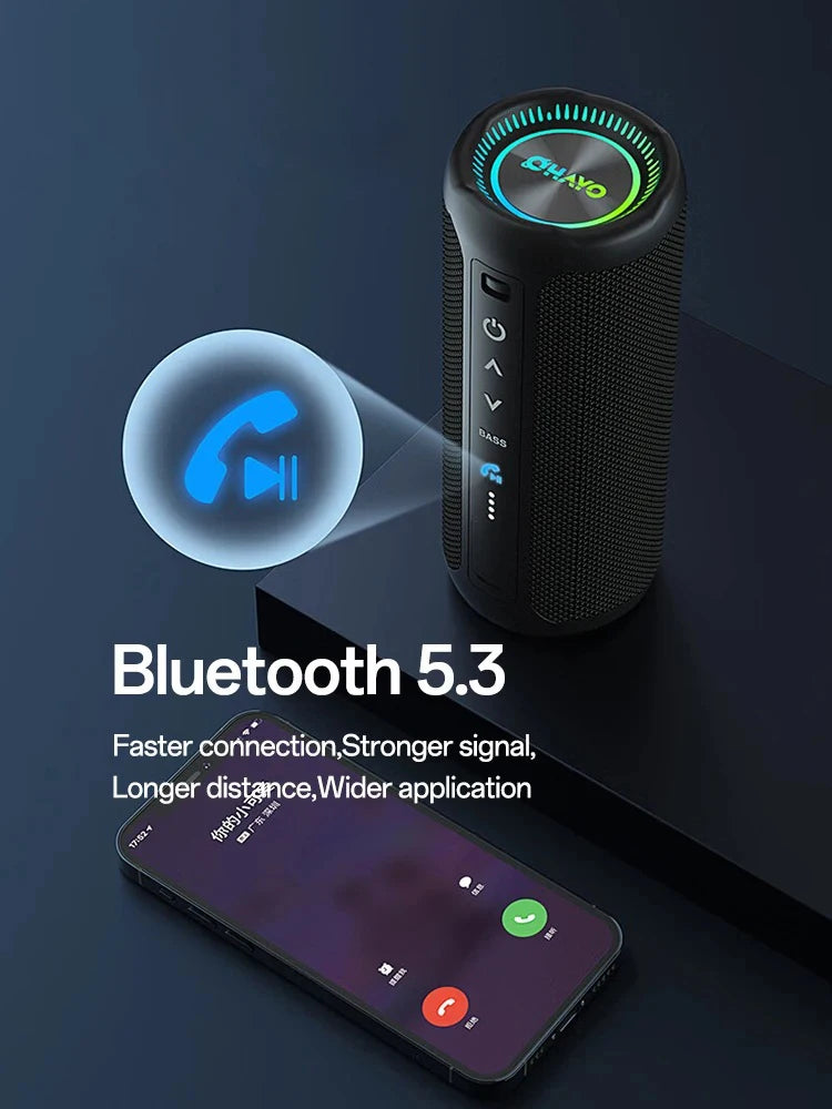Altavoces Ohayo para exteriores con luces coloridas para fiestas, altavoces Bluetooth 5,3, altavoces inalámbricos impermeables IPX7, compatibles con AUX/MP3/USB