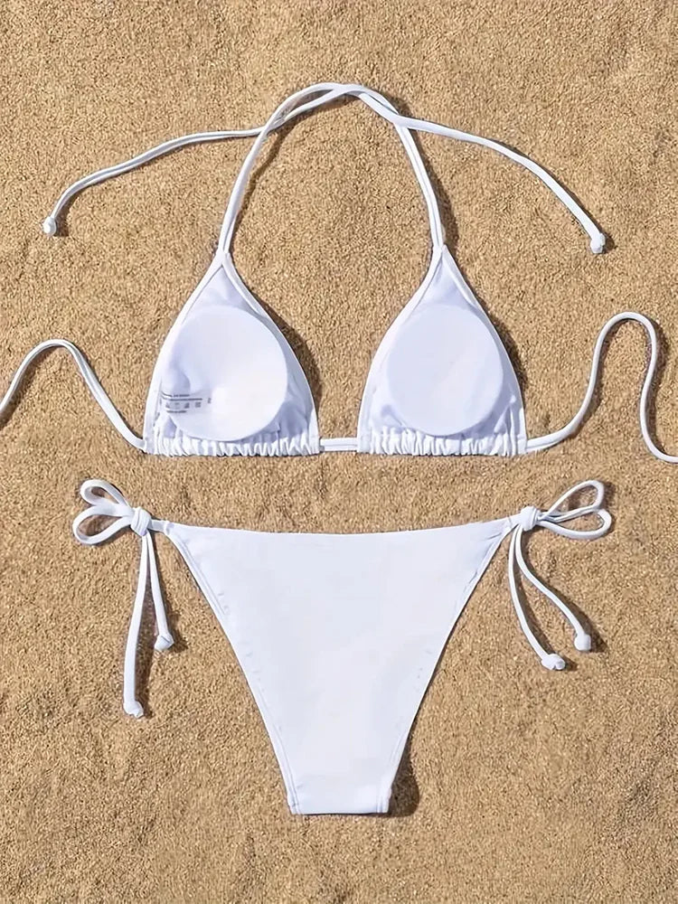 1 traje de baño para mujer, conjunto de Bikini acanalado con almohadillas y espalda descubierta, sujetador triangular con cuello Halter, Tanga con lazo lateral, ropa de playa, traje de baño para mujer