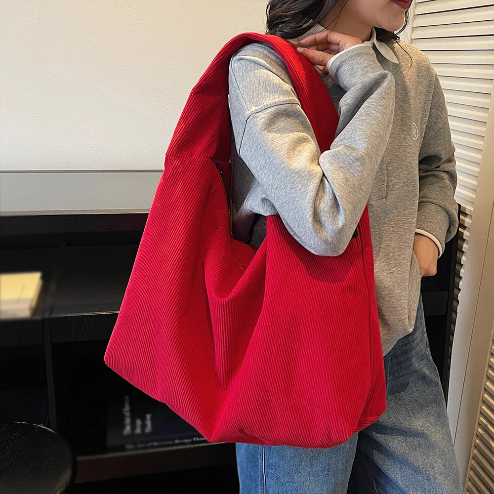 Bolso de Hombro Vintage de Pana, Gran Capacidad con Múltiples Bolsillos