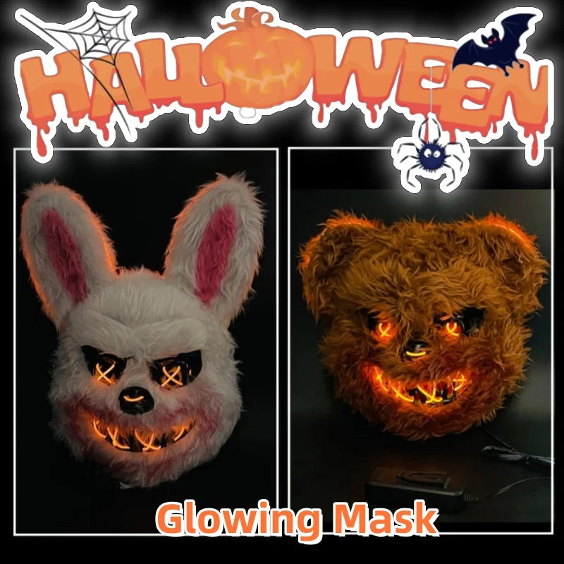 Máscara con brillo LED para Halloween, accesorios de terror, conejo sangriento y oso, simulan la piel, divertido disfraz de Cosplay, decoración de fiesta