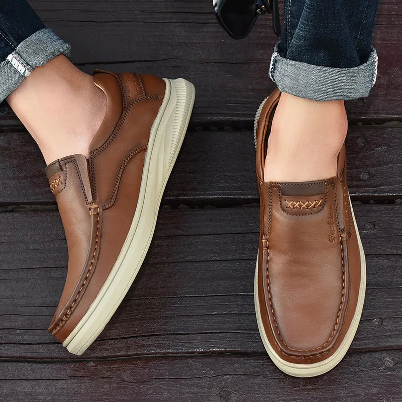 Zapatos náuticos de cuero vintage para hombre con cordones y suela antideslizante