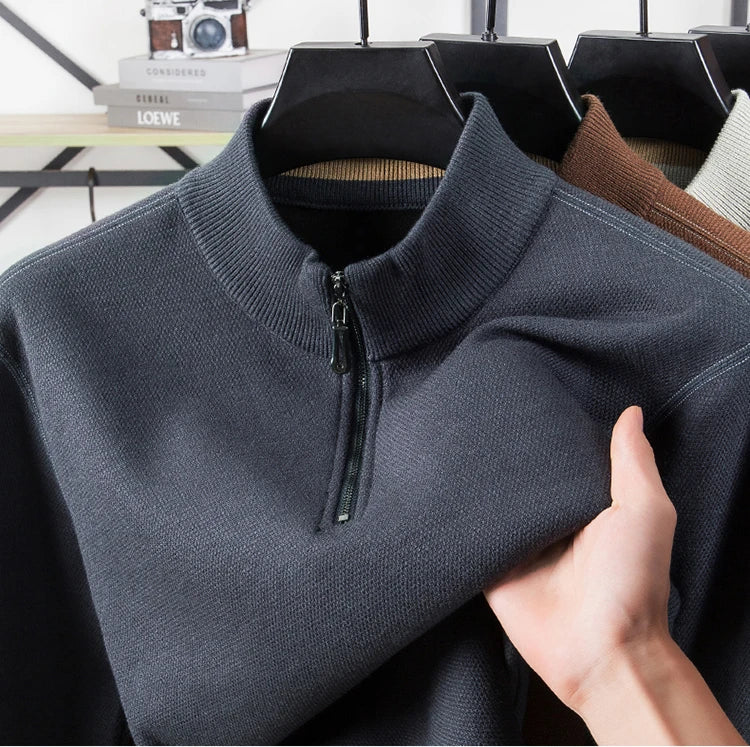 Suéter grueso de terciopelo de alta calidad, jersey con media cremallera para hombre, nueva camiseta cálida holgada informal, prendas de punto