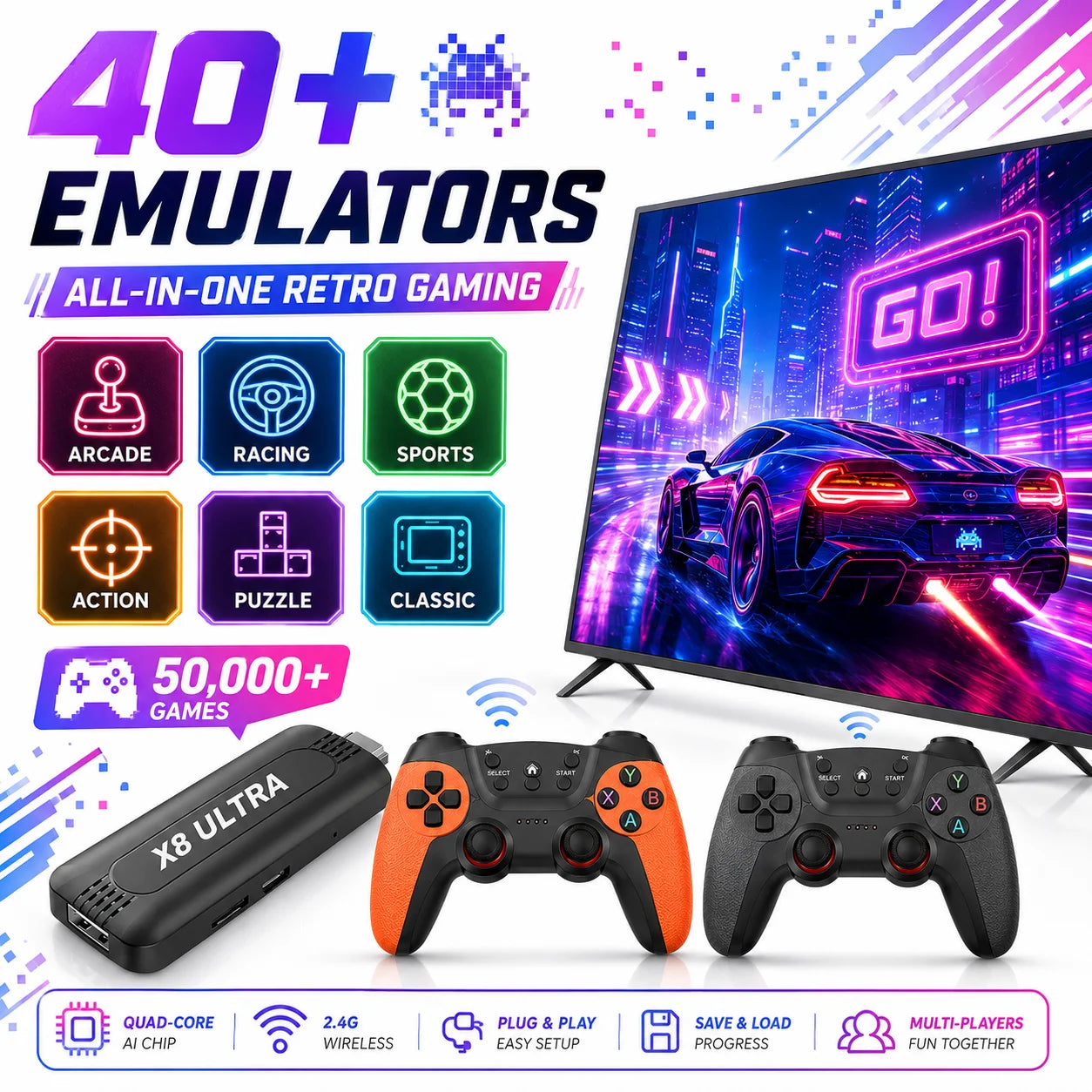 Stick de juego 4K X8 ULTRA compatible con dos jugadores al mismo tiempo, ampliable mediante tarjeta TF hasta 128GB, incluye mandos inalámbricos, 50000 juegos clásicos offline, regalo de entretenimiento para el hogar