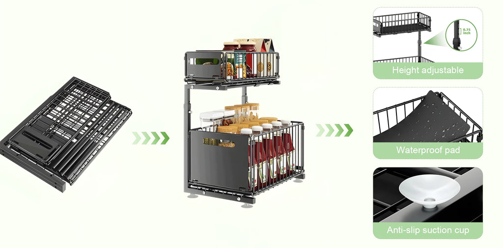 Organizador de gabinete extraíble de 2 niveles, estante de almacenamiento de cocina ajustable, organizador debajo del fregadero, estante de almacenamiento para tarros de especias, cajón deslizante