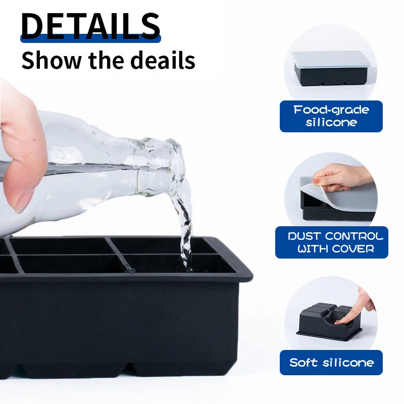 LMETJMA Bandejas grandes para cubitos de hielo con tapas, moldes cuadrados de silicona para cubitos de hielo, moldes para cubitos de hielo sin BPA para cócteles de whisky JT09