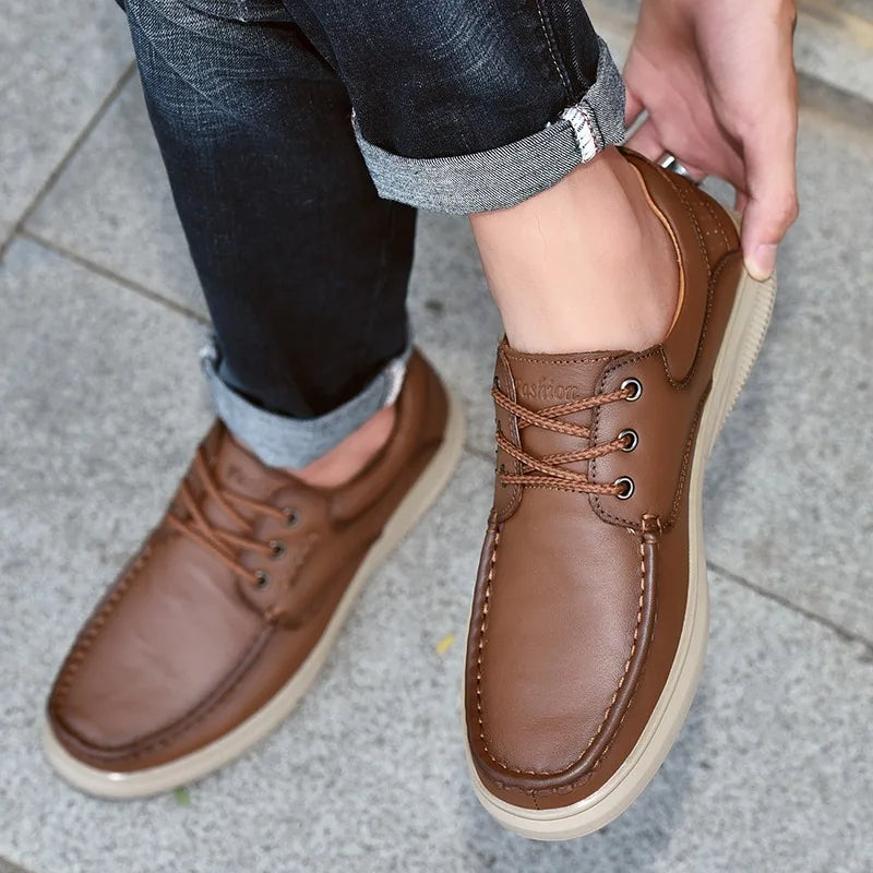 Zapatos náuticos de cuero vintage para hombre con cordones y suela antideslizante