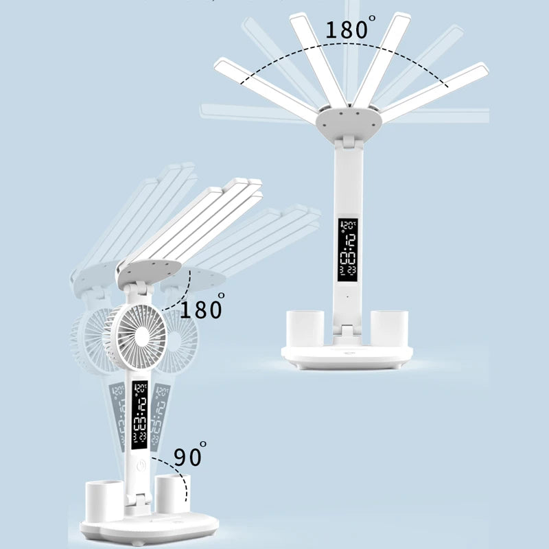 Lámpara de escritorio multifuncional 3 en 1, lámpara LED de escritorio plegable de cuatro cabezales con ventilador, calendario, reloj, lámpara de escritorio de oficina de lectura recargable por USB