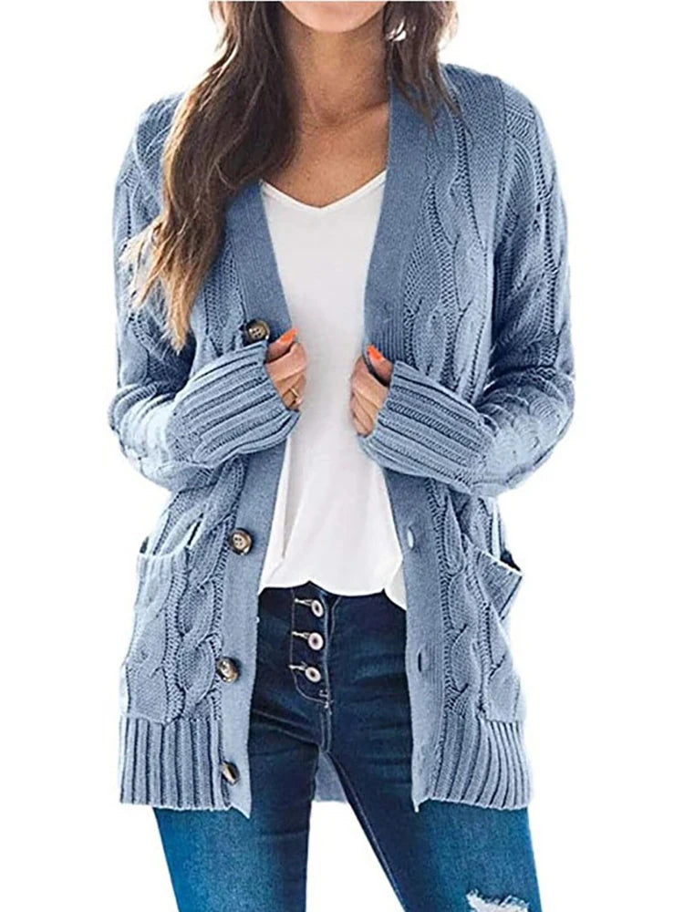 Cárdigan de punto de manga larga para mujer, suéter holgado con una hilera de botones de Color sólido y cuello de pico, prendas de vestir de talla grande S-3XL 2024