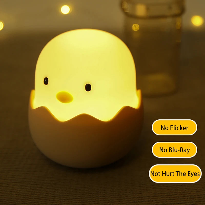 Luz nocturna de pollo de cáscara de huevo, luz LED de dibujos animados para dormitorio, luz ajustable táctil, luz cálida recargable, luz de ambiente