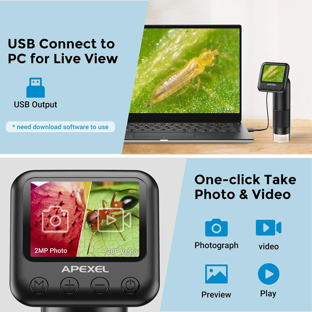 Microscopio Digital APEXEL 400-800X con Pantalla LCD y Luz LED