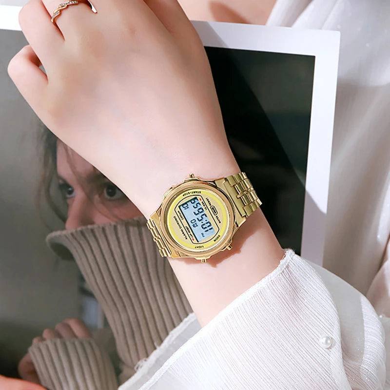 Reloj electrónico LED informal para mujer, reloj de pulsera Retro de acero inoxidable para hombre y mujer, reloj Digital LED multifunción resistente al agua