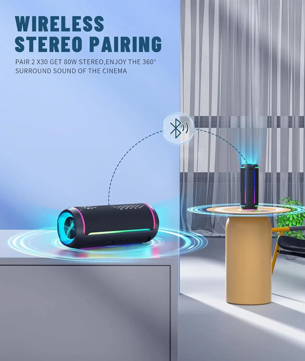 Ortizan Altavoz Bluetooth portátil inalámbrico X30 con sonido estéreo de 40 W, graves ricos, resistente al agua IPX7, luces LED, EQ preestablecido, reproducción USB