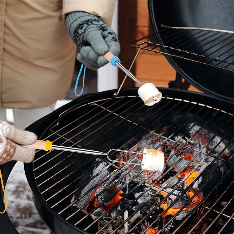 LMETJMA 8 Uds. Brochetas para barbacoa, palitos extensibles para asar malvavisco, brochetas telescópicas para barbacoa de acero inoxidable KC0467