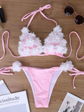 Bikini Rosa Hecho a Mano con Flores 3D, Cuello Cruzado y Parte Inferior Triangular para Senos Pequeños, Realza y Adelgaza
