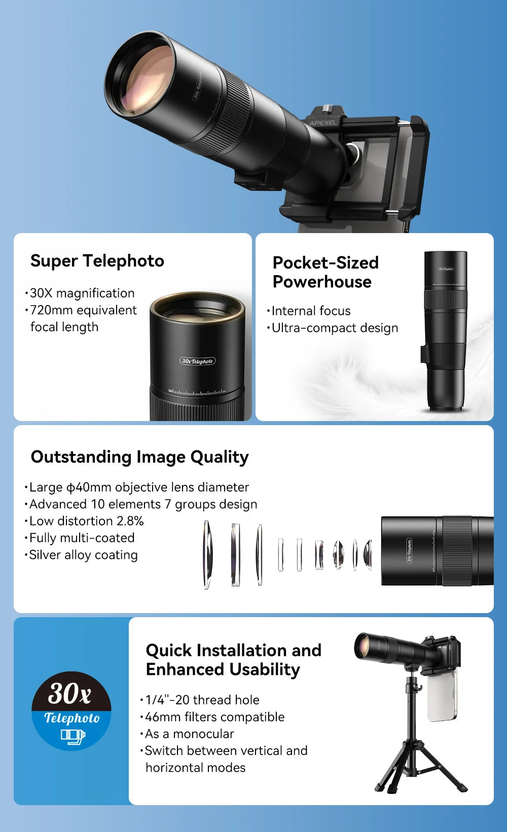 APEXEL Teleobjetivo Monocular 30x con Trípode para Teléfono