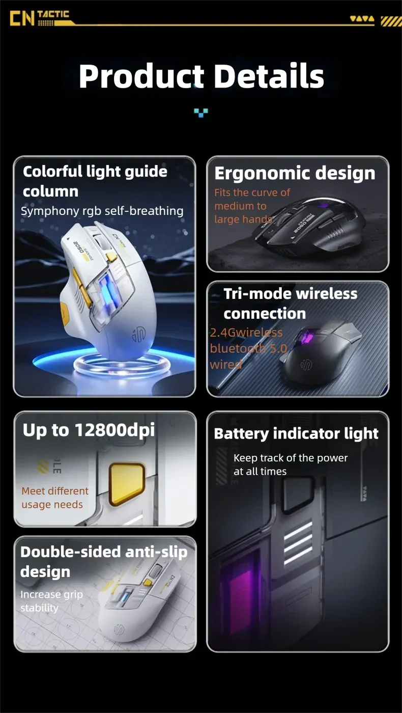 Ratón inalámbrico para juegos Inphic A9 Explorer V2 con indicador de nivel de batería de 500mA, ergonómico, Bluetooth, para oficina, PC y portátil.