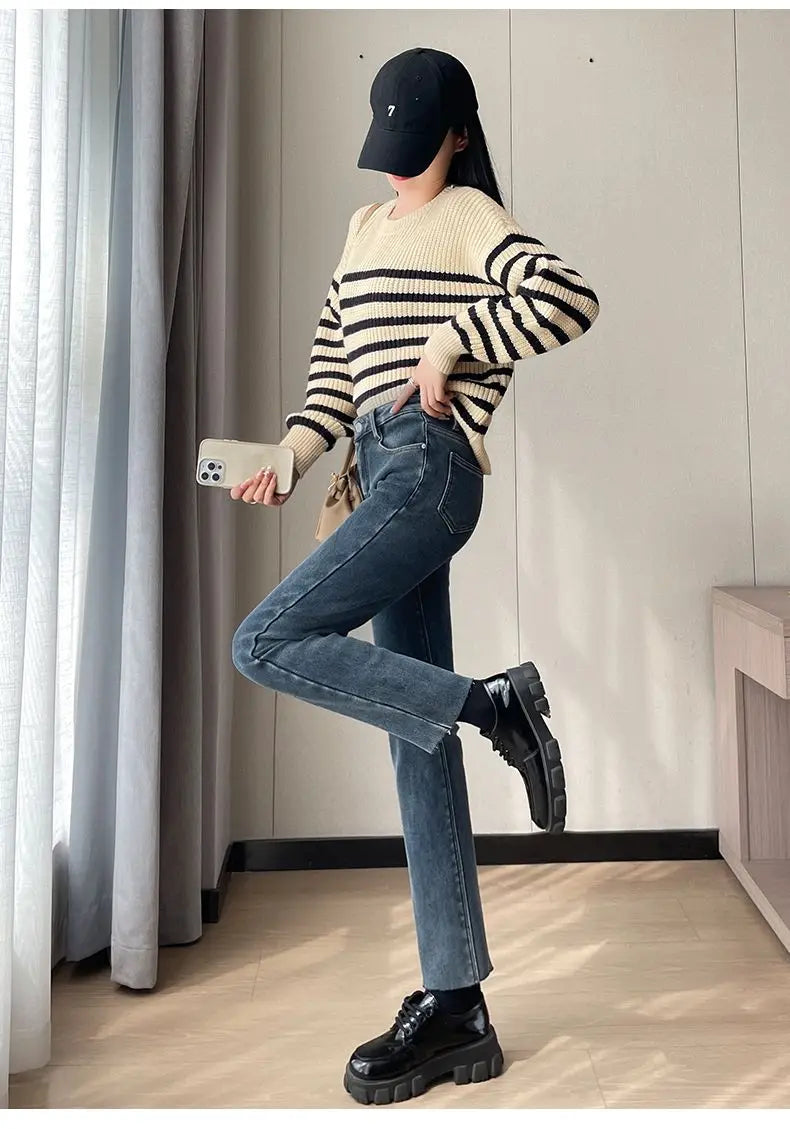 Pantalones Vaqueros Y2K con Forro Polar para Mujer, Cintura Alta, Pierna Recta
