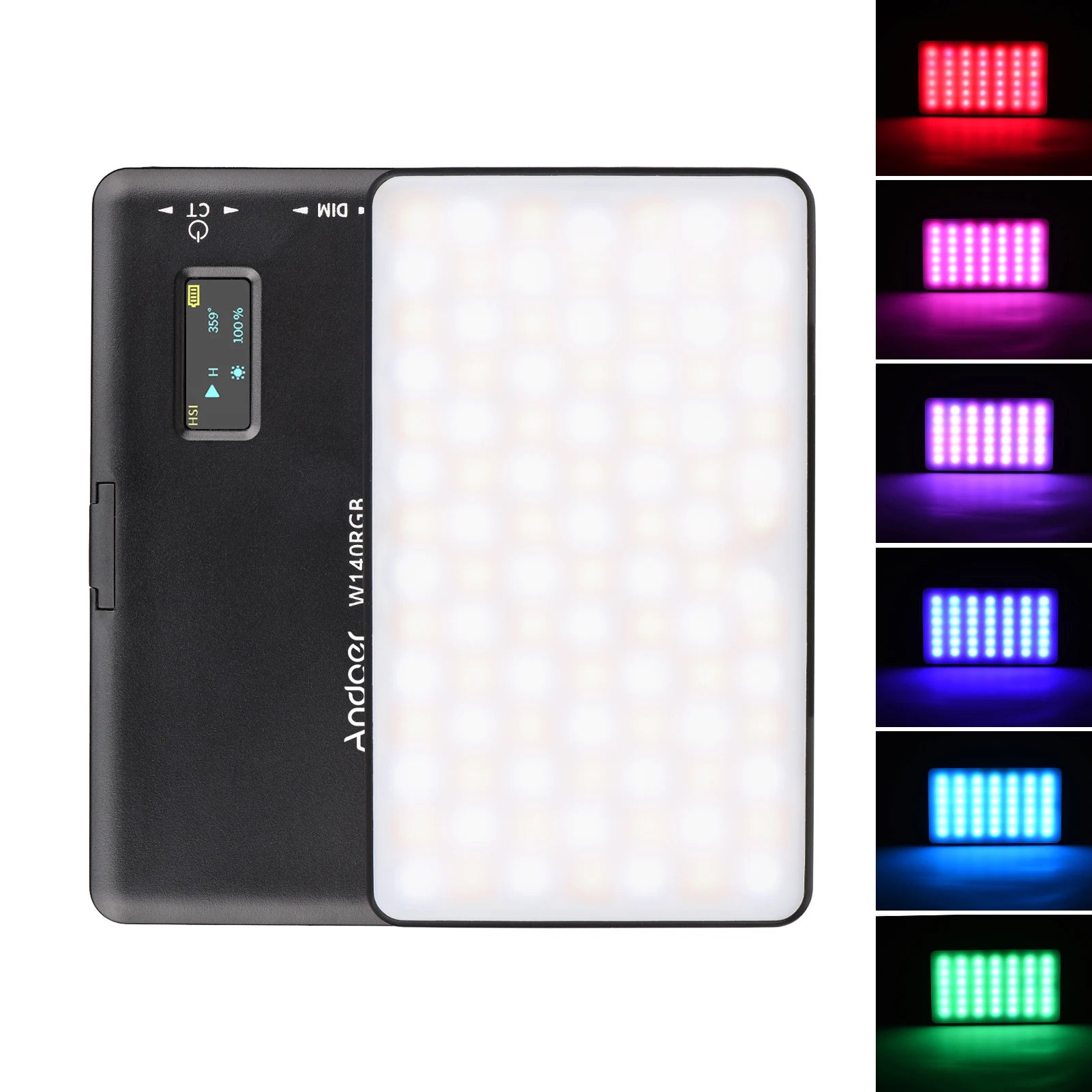Luz LED Andoer CRI95+ 2500K-9000K Regulable W140 RGB para Video, Recargable, con Pantalla LCD para Vlog