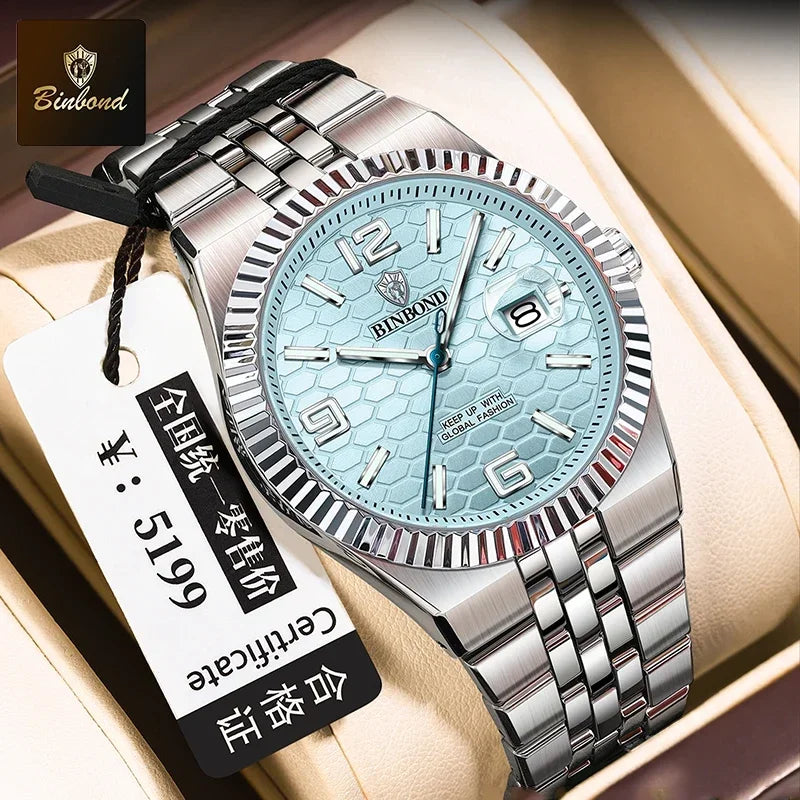 Reloj de Cuarzo BINBOND para Hombre, Esfera Luminosa, Acero Inoxidable