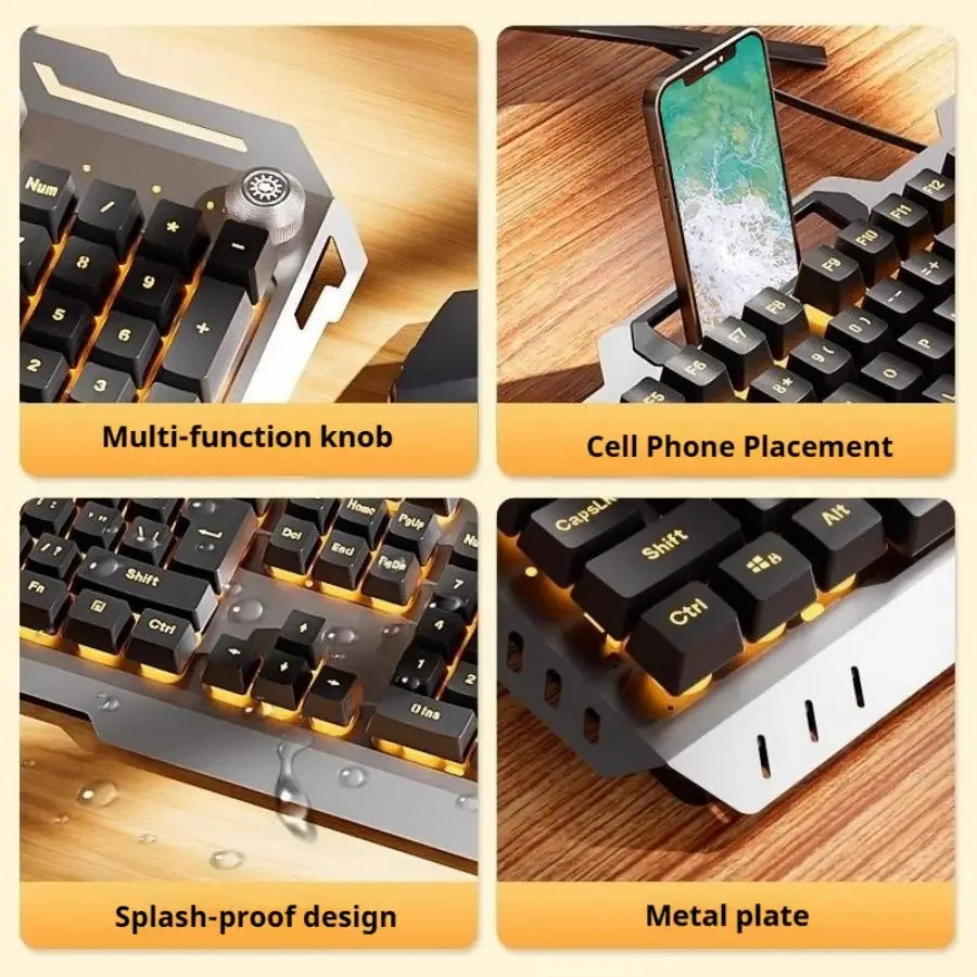Teclado para juegos con cable GX80Machinery, retroiluminación LED de 104 teclas, membrana silenciosa, panel de metal, recargable (USB), para PC/portátil
