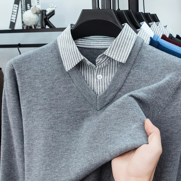 Suéter de punto con cuello de camisa para hombre, azul claro (6 colores), diseño falso de dos capas, estilo informal de negocios    Ajuste elástico y cómodo