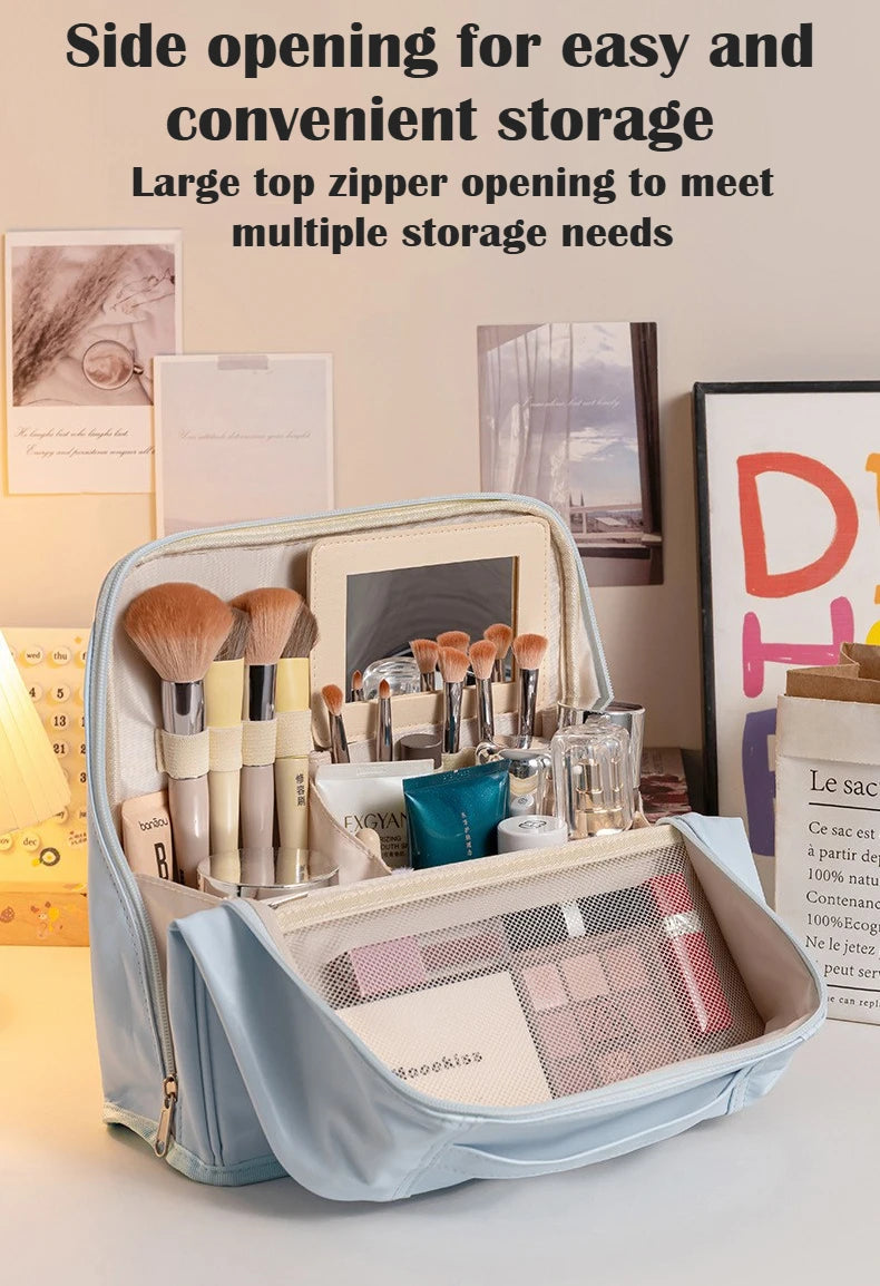 Bolsa de Maquillaje de Viaje para Mujer, Gran Capacidad, Impermeable, Organizador de Cosméticos con Abertura Amplia, Soporte para Brochas Independiente, Fácil Acceso