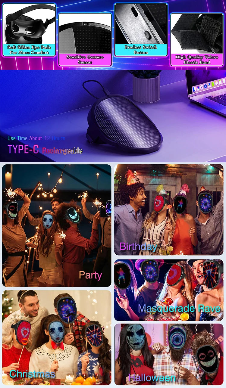 Máscara LED con control de aplicación Bluetooth Cara programable que transforma la máscara LED de Halloween iluminada