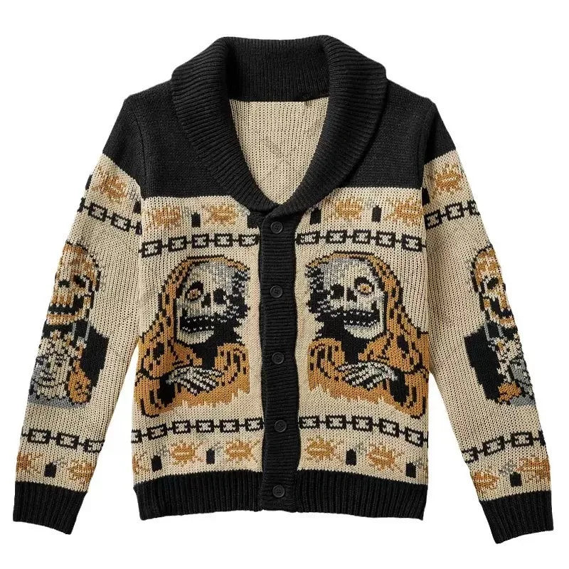 Otoño Invierno retrato impreso Harajuku suéter abrigo estilo y2k hombres y mujeres abrigo de manga larga cálido gótico fantasma patrón suéter