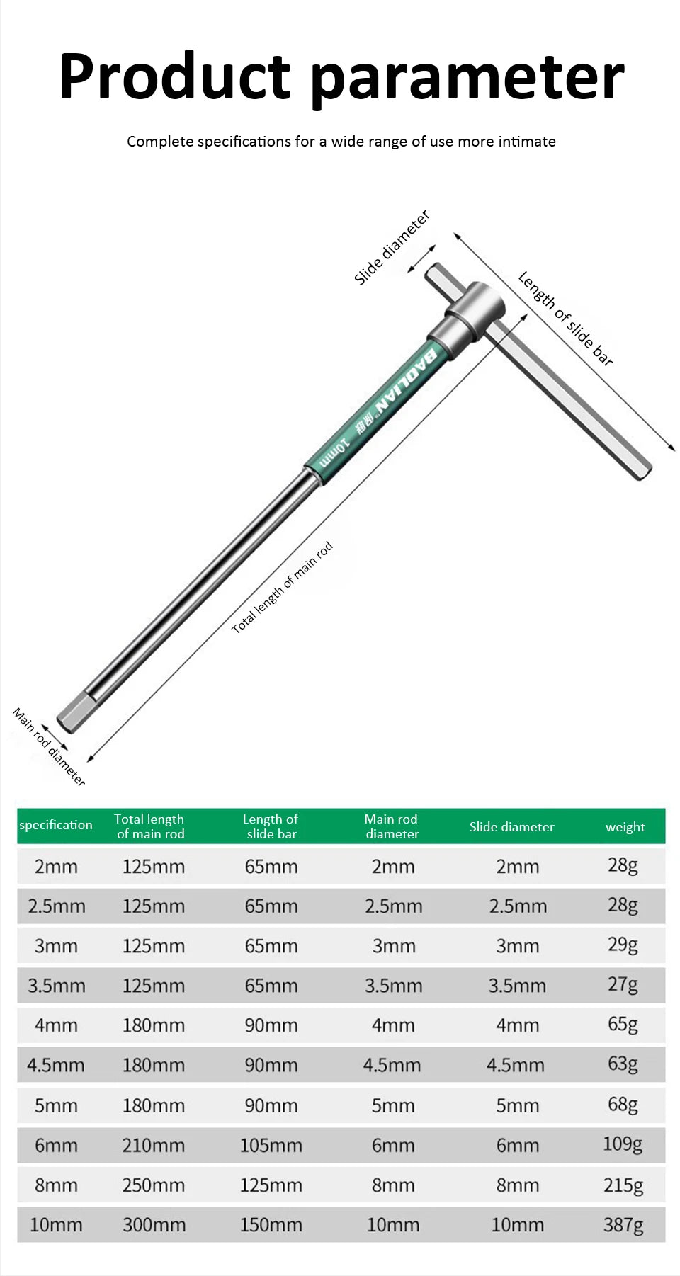Llave hexagonal Allen tipo T, 2,5/3/4/5/6/8/10mm, llave de varilla deslizante Hexagonal giratoria de alta velocidad, llave dinamométrica hexagonal de acero inoxidable
