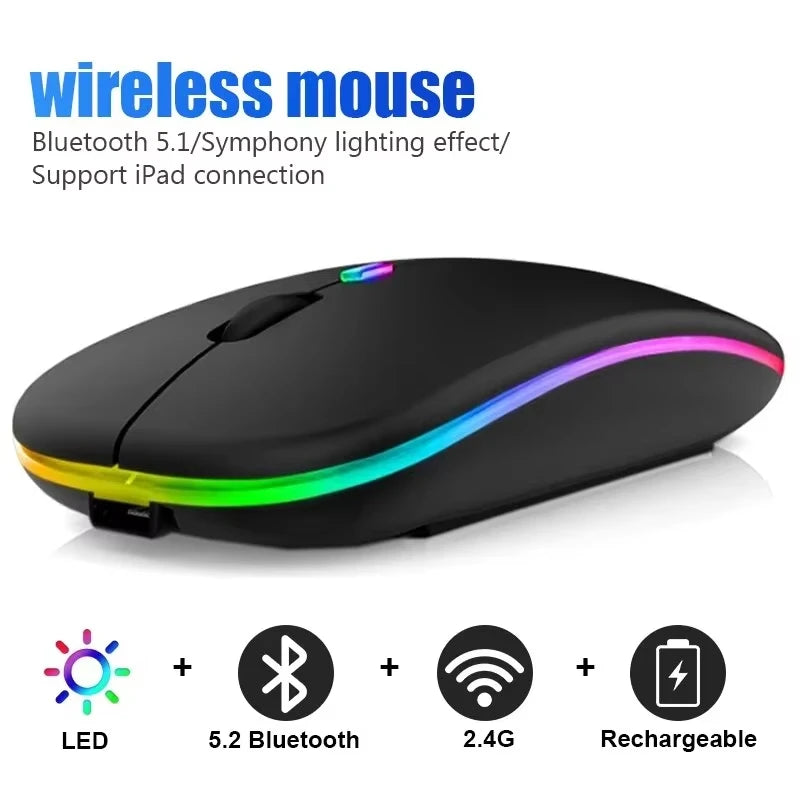 Ratón inalámbrico RGB recargable con Bluetooth, inalámbrico, retroiluminado con LED, ergonómico, para juegos, portátil, PC, 1600DPI