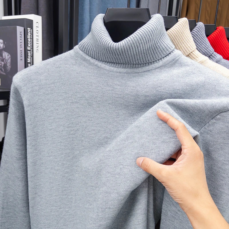Otoño para hombre de alta calidad de punto suéter de cuello alto ajustado de manga larga anti-pilling jersey Color sólido tendencia hombres Streetwea
