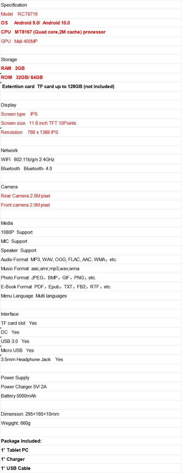 RCT6716 11.6“ Android 9.0 Tabet PC MT8167 CPU de cuatro núcleos 2GB RAM 32GB ROM 768 x 1368 IPS 1*USB 3.0
