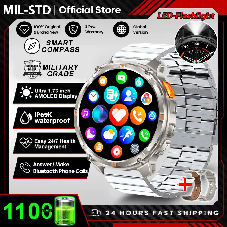 Reloj Inteligente AMOLED 1100mAh con Linterna LED, IP69 y Llamadas Bluetooth