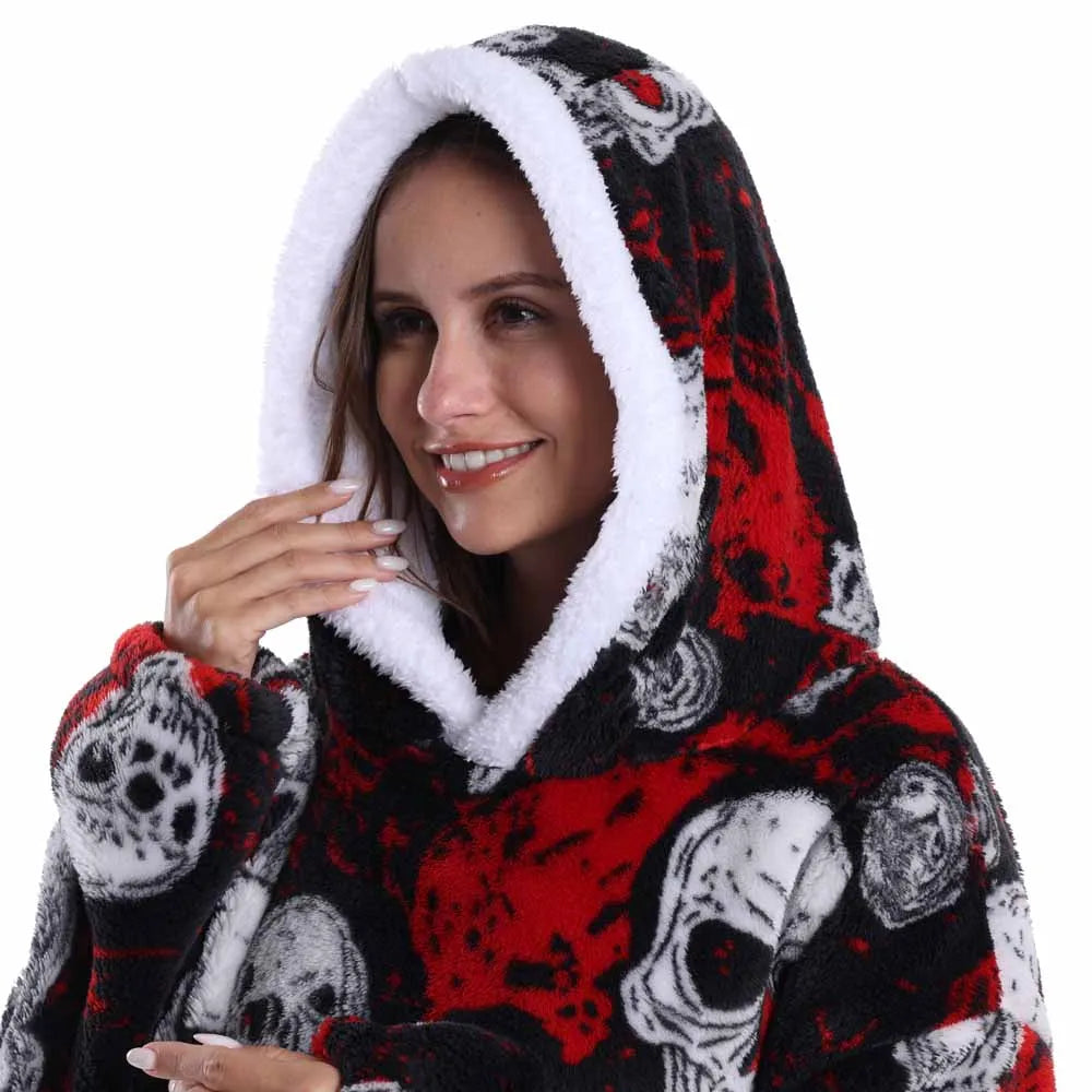 Sudaderas con capucha para mujer, Top de manga larga esponjoso y cálido en negro y gris, sudadera con capucha de fantasma y calavera de calabaza para Halloween, manta de gran tamaño para adultos, ropa de invierno