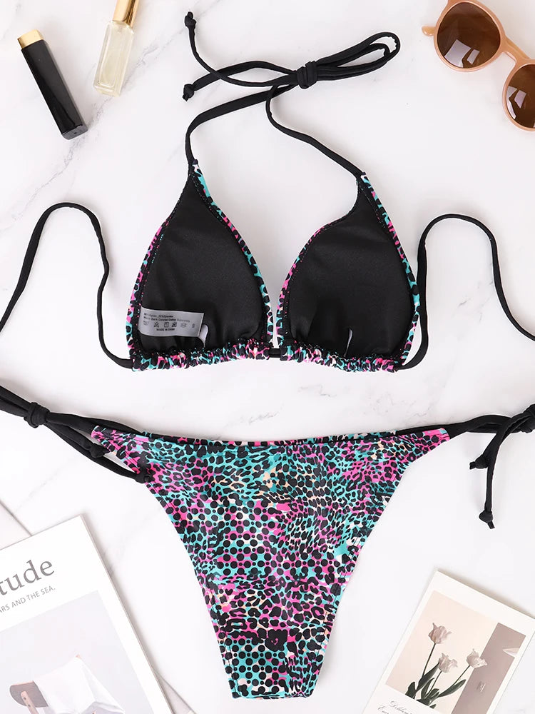 Conjunto de Bikini dividido de dos piezas para mujer, traje de baño de verano con tiras y cordones, estampado de lunares coloridos, traje de baño para vacaciones en la playa
