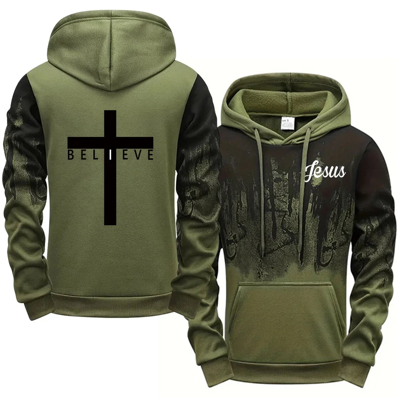 Hoodie con Estampado Cruz para Hombre — Buzo con Capucha Estilo Urbano