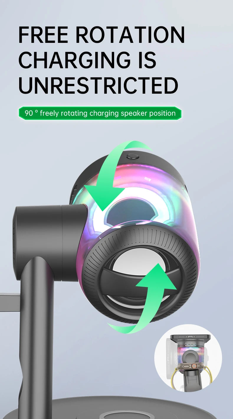 Altavoz Bluetooth QI2 de 25W 5.3 con Cargador Inalámbrico Magnético Rápido de 25W y Reloj Despertador para iPhone 17-12 Pro Max, Apple Watch y Airpods