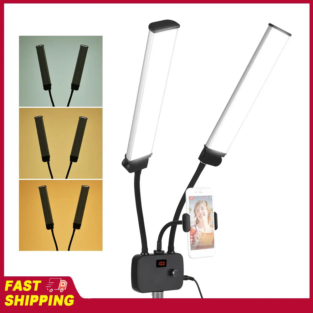 3 Modos de Iluminación con Soporte para Teléfono, Brazos Dobles Flexibles, Luz de Relleno LED Bicolor, Luz de Video LED Regulable para Transmisión en Vivo